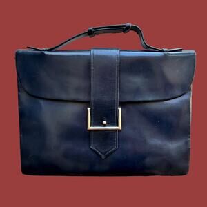 Vintage Pierre Balmain 70s Navy Leather Satchel Bag Silver Hardware Paris